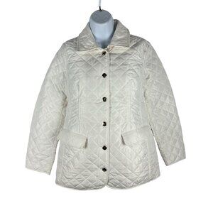 Womens Quilted White Jacket With Plaid Lining & Button Closure Size M
